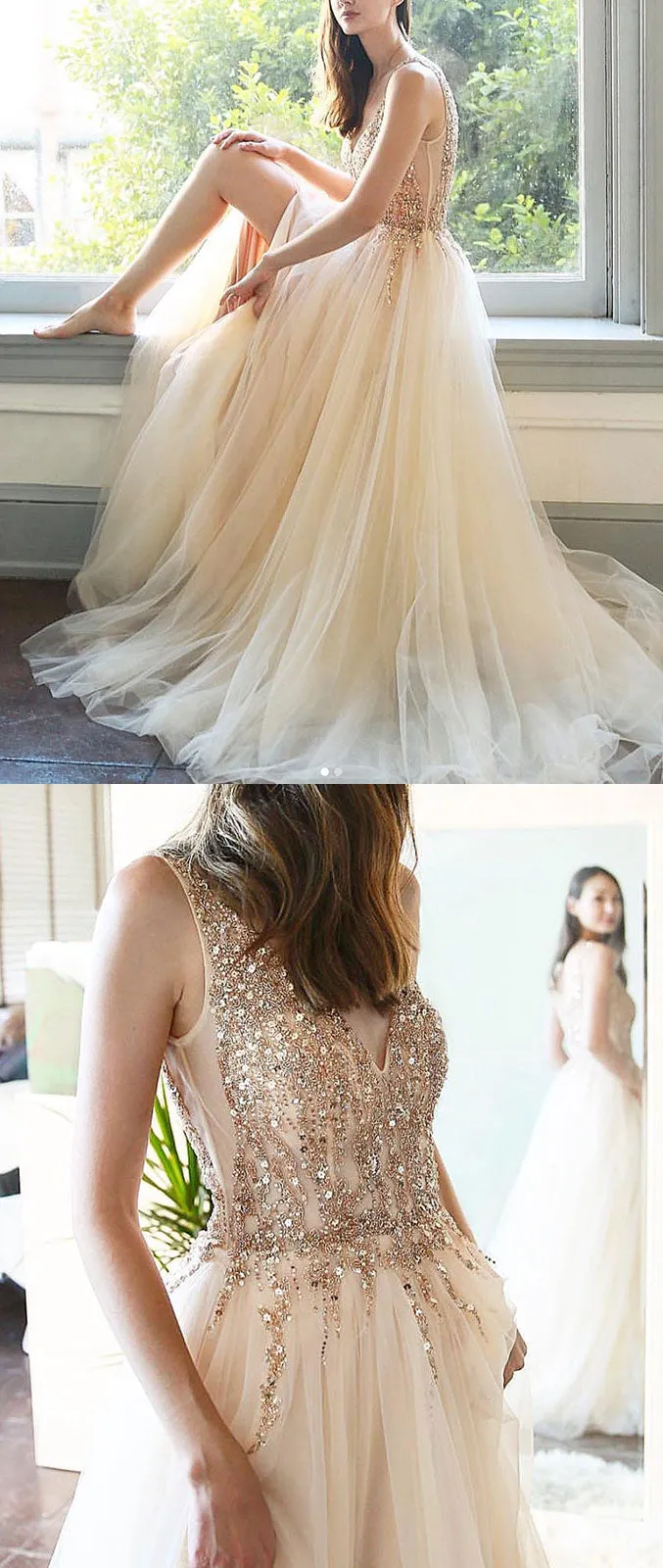 Champagne v neck tulle sequin long prom dress, champagne evening dress