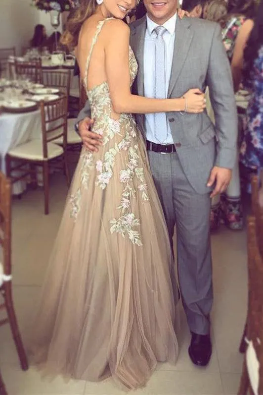 Charming A-Line Deep V-Neck Tulle Prom Dress with Appliques  TP0895