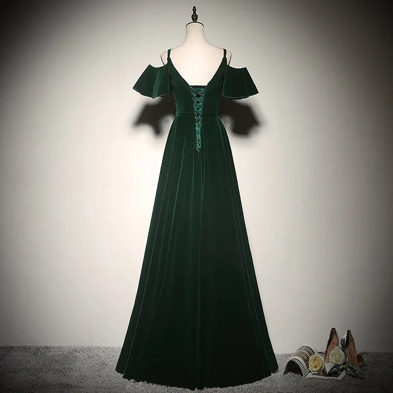 Charming Dark Green Velvet Long Straps Party Gown, Bridesmaid Dress