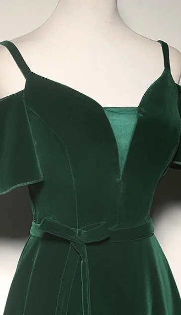 Charming Dark Green Velvet Long Straps Party Gown, Bridesmaid Dress