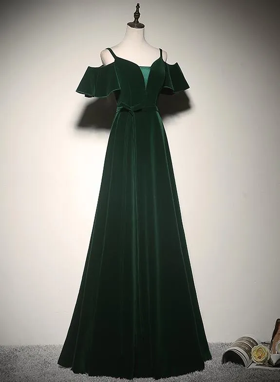 Charming Dark Green Velvet Long Straps Party Gown, Bridesmaid Dress