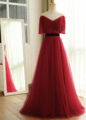 Charming Dark Red Tulle A-line Bridesmaid Dress, Wine Red Prom Dress