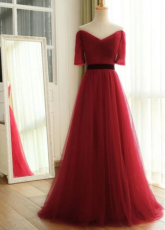 Charming Dark Red Tulle A-line Bridesmaid Dress, Wine Red Prom Dress