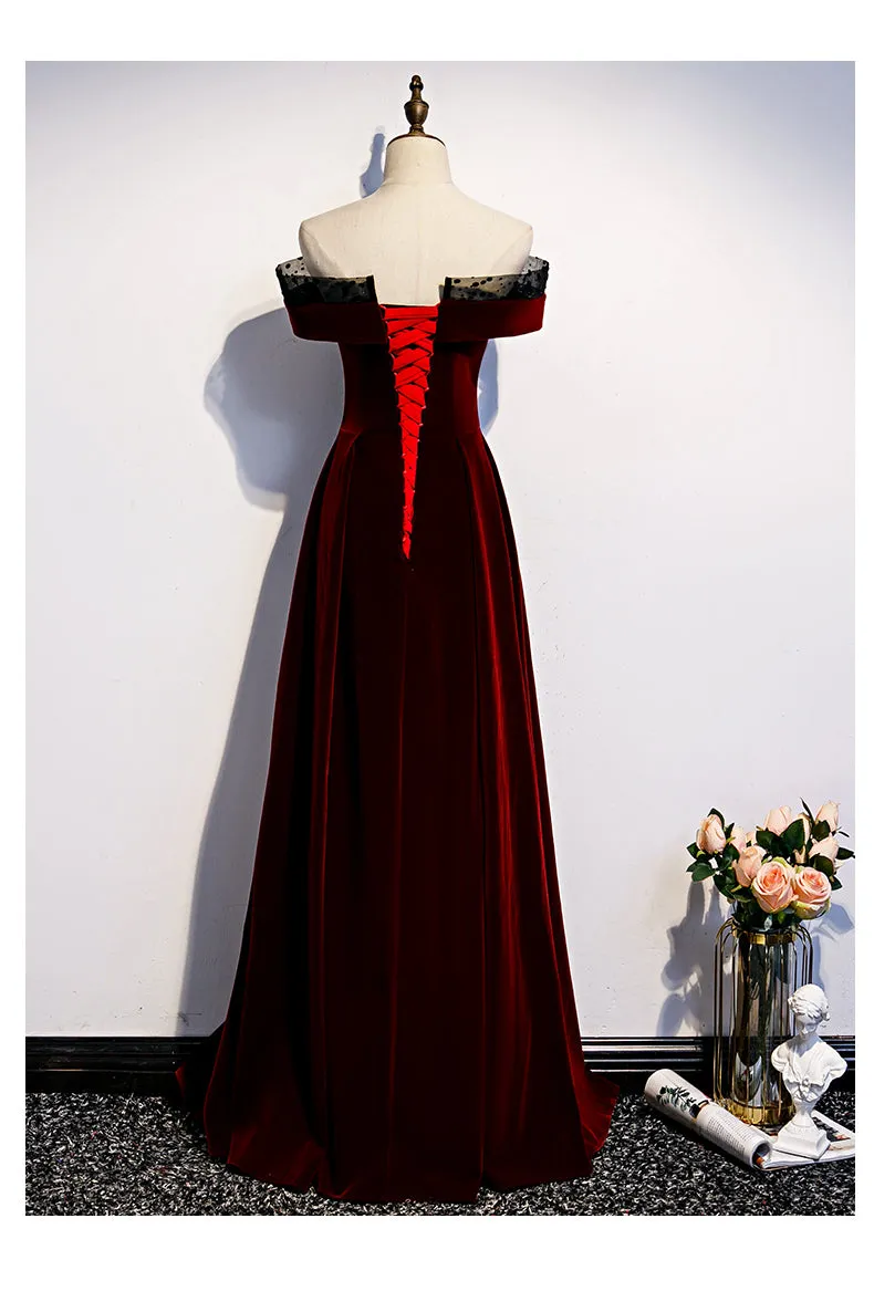 Charming Dark Red Velvet Long Prom Dress, Junior Prom Dress, Evening Gown