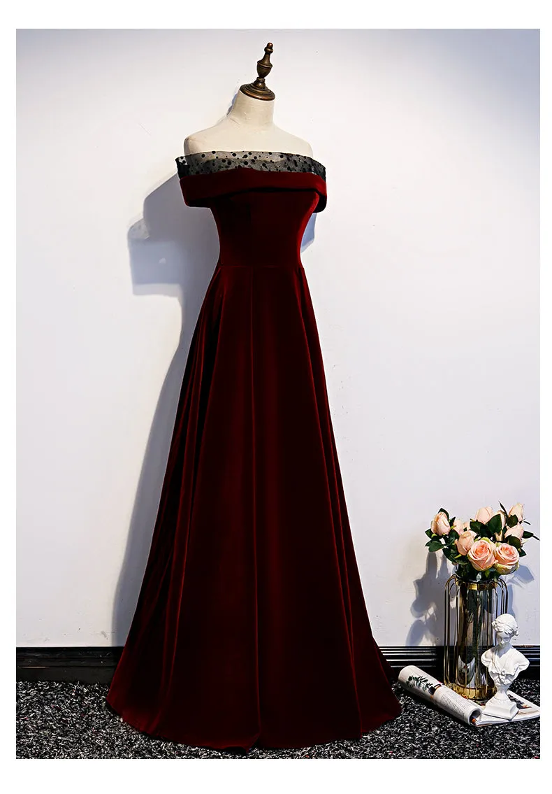 Charming Dark Red Velvet Long Prom Dress, Junior Prom Dress, Evening Gown