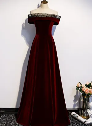 Charming Dark Red Velvet Long Prom Dress, Junior Prom Dress, Evening Gown