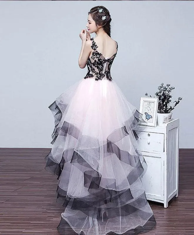 Charming Pink High Low Dress with Black Applique, Lovely Formal Dress, Homecoming Dresses
