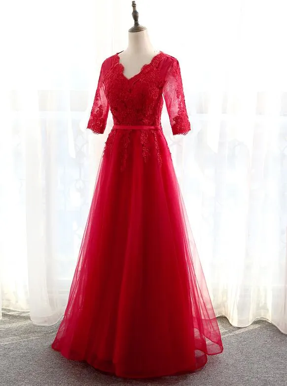Charming Red Lace 1/2 Sleeves Long Bridesmaid Dress, A-line Tulle Prom Dress