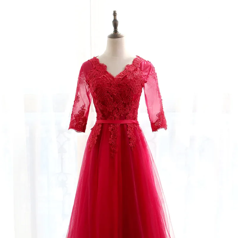 Charming Red Lace 1/2 Sleeves Long Bridesmaid Dress, A-line Tulle Prom Dress
