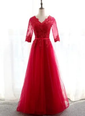Charming Red Lace 1/2 Sleeves Long Bridesmaid Dress, A-line Tulle Prom Dress