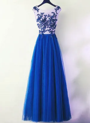 Charming Royal Blue Tulle Long Party Dress, Lace Applique Formal Dress