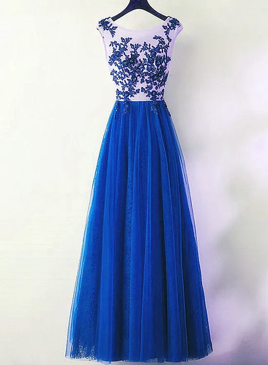 Charming Royal Blue Tulle Long Party Dress, Lace Applique Formal Dress
