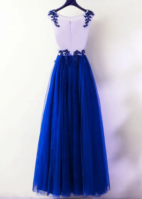 Charming Royal Blue Tulle Long Party Dress, Lace Applique Formal Dress