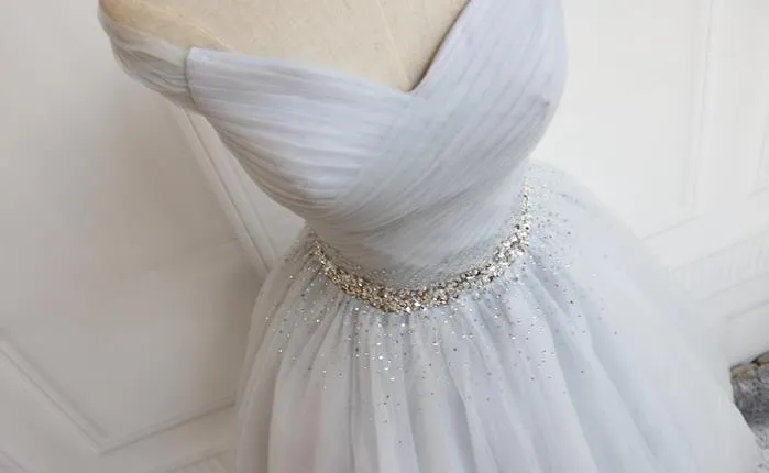 Charming Sliver Grey Short Beaded Tulle Party Dress, Prom Dress