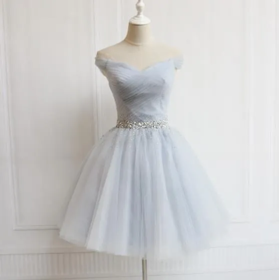 Charming Sliver Grey Short Beaded Tulle Party Dress, Prom Dress