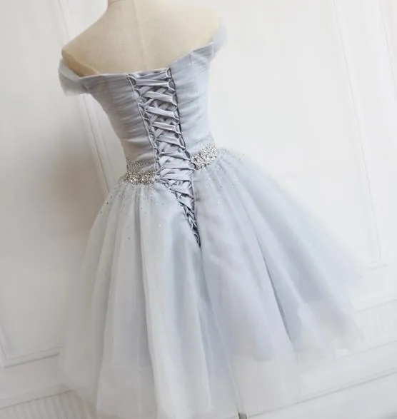 Charming Sliver Grey Short Beaded Tulle Party Dress, Prom Dress