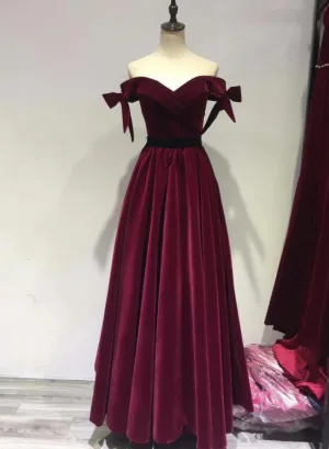 Charming Wine Red Off Shoulder Velvet Long Party Dress , Junior Prom Dresses