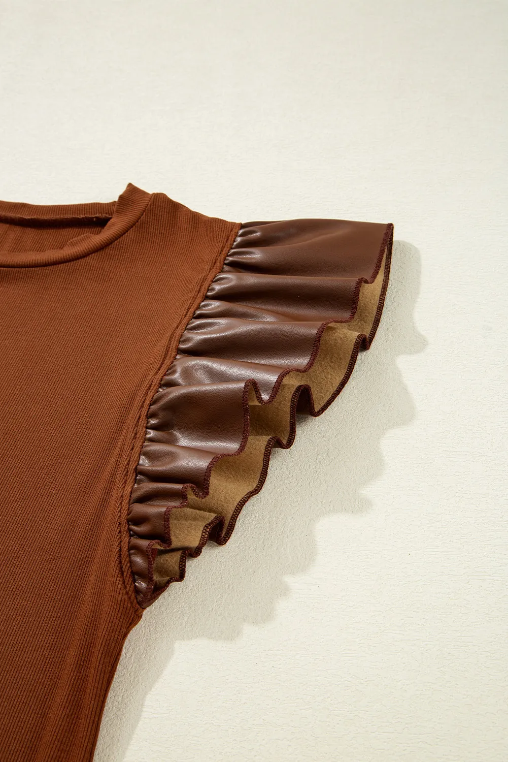 Cinnamon Leather Ruffle Sleeve Patchwork Round Neck Blouse