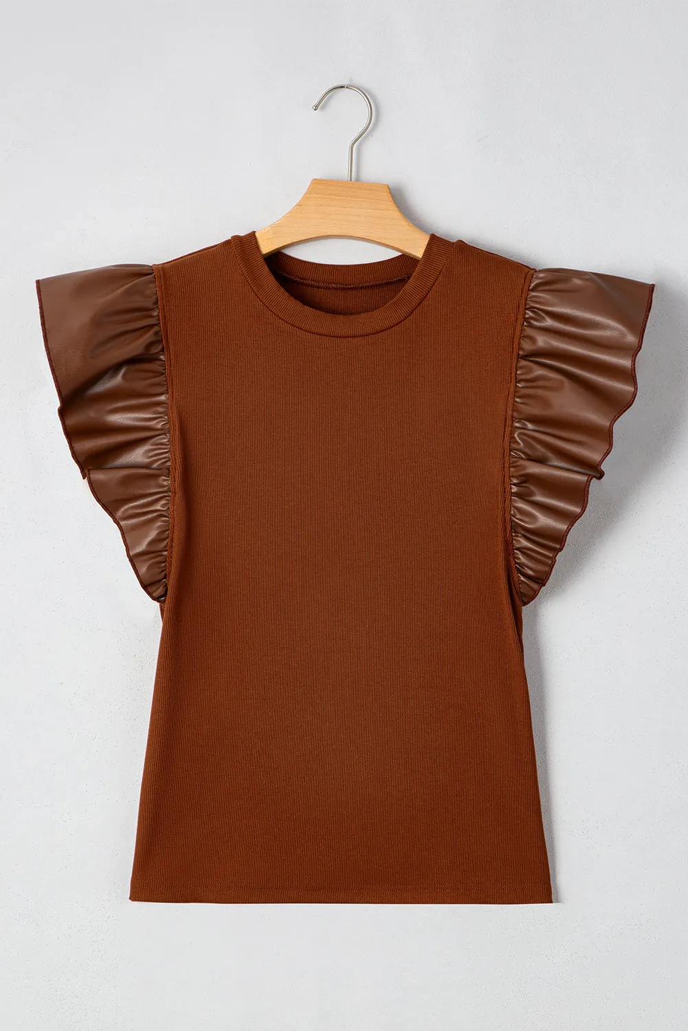 Cinnamon Leather Ruffle Sleeve Patchwork Round Neck Blouse