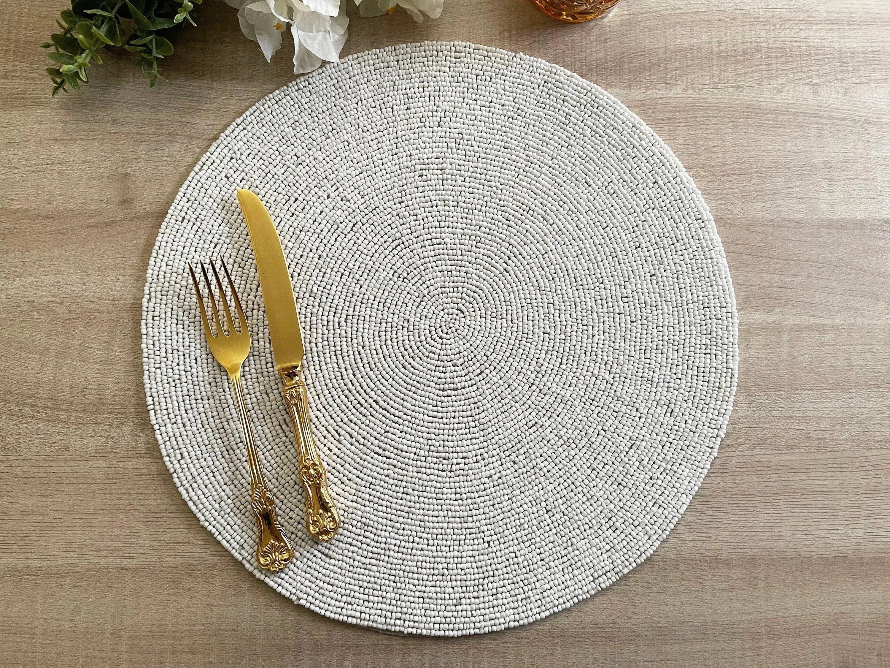 Classic White Round Beaded Placemat - Set of 6