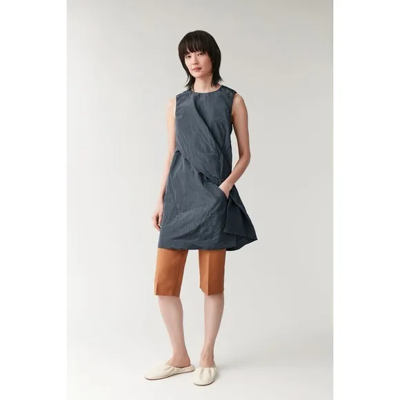 COS Steel Blue Crinkled-Texture Wrap Shirt Dress Size 14