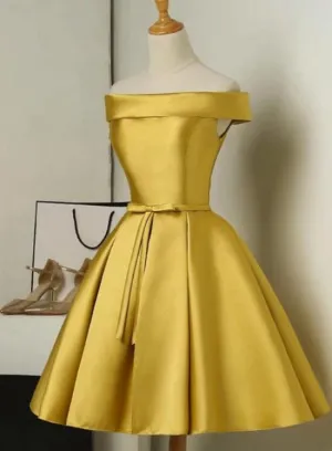 Custom Gold Satin Off Shoulder Short Formal Dress , Lovely Formal Dresses
