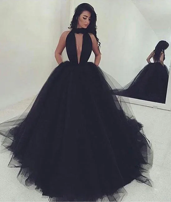 Custom made black tulle long prom dress, black evening dress