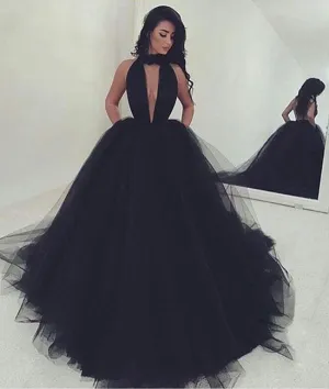 Custom made black tulle long prom dress, black evening dress