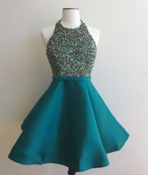 Custom made round neck sequin short green prom dress, homecoming dress