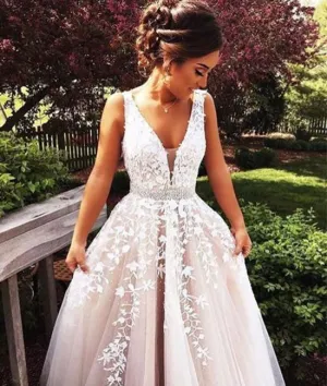 custom made v neck lace tulle long prom dress, formal dress