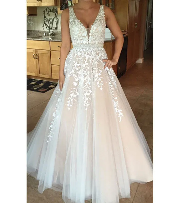 custom made v neck lace tulle long prom dress, formal dress
