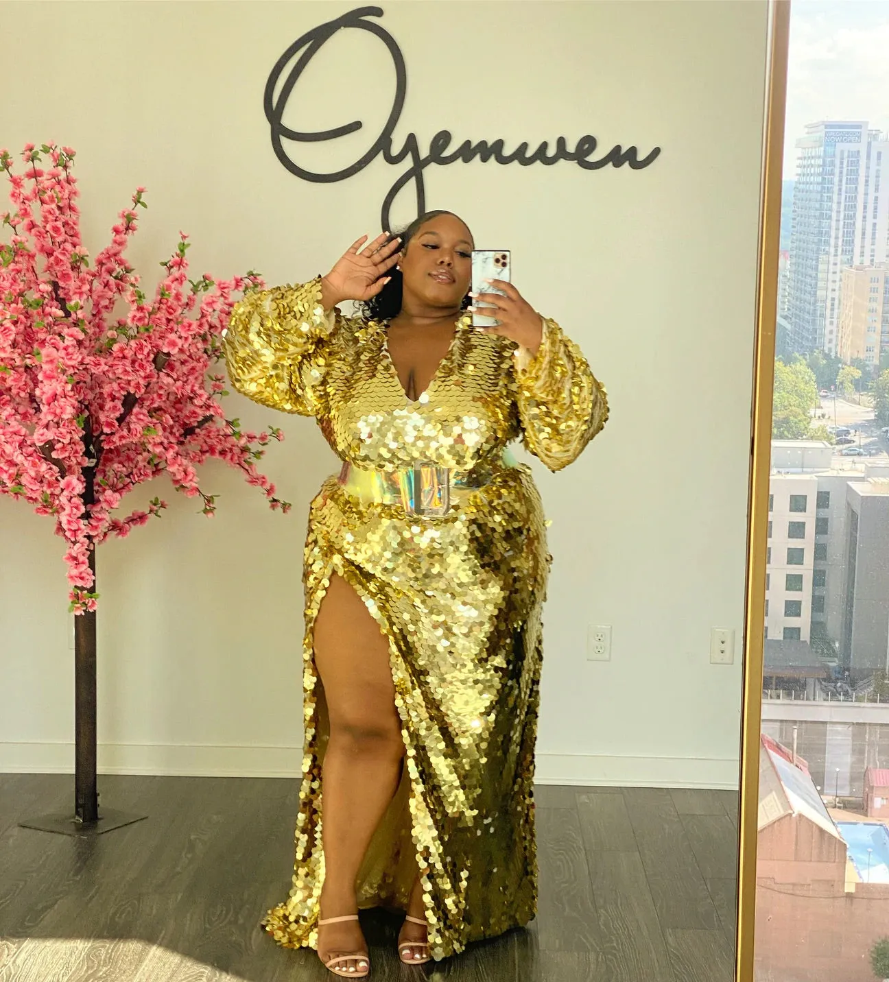 Custom Oyemwen Gold Sequin High Slit Birthday Dress