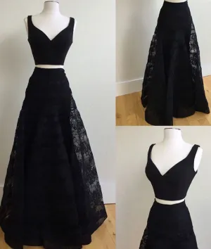 Cute black two pieces lace long prom dress, black evening dress