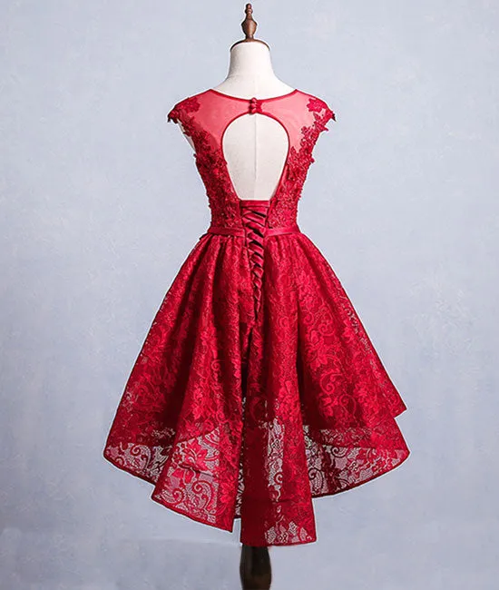 Cute burgundy lace short prom dress, burgundy homecoming dress