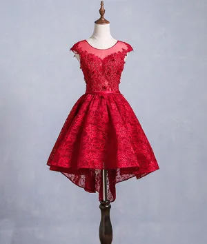 Cute burgundy lace short prom dress, burgundy homecoming dress