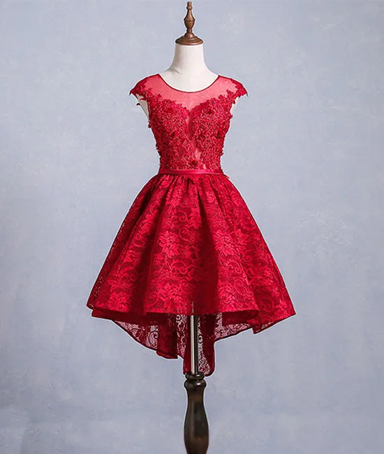 Cute burgundy lace short prom dress, burgundy homecoming dress