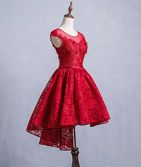 Cute burgundy lace short prom dress, burgundy homecoming dress