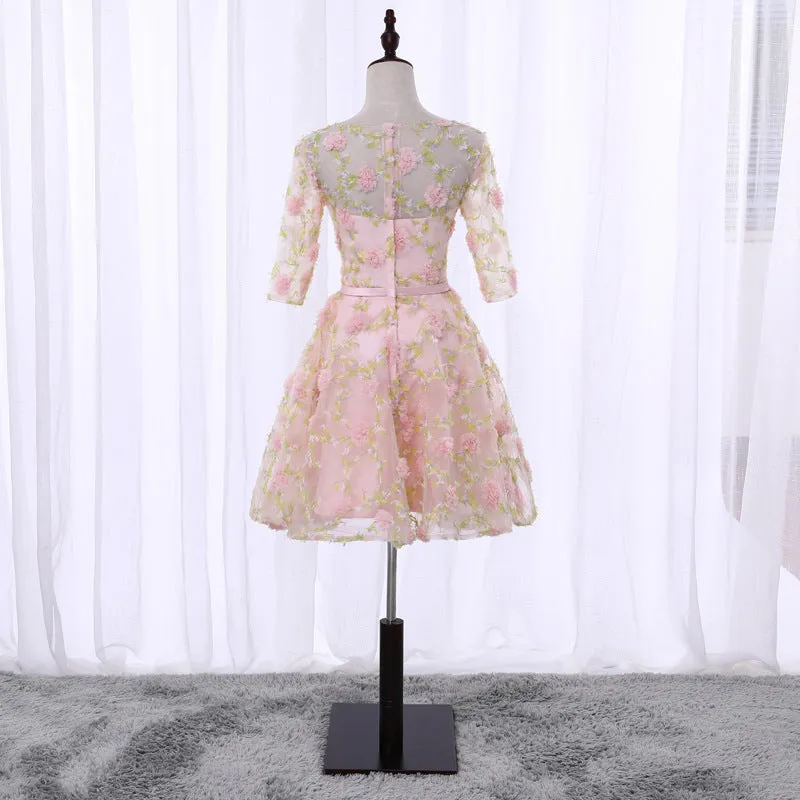 Cute Flowers Short Tulle Pink Party Dress, 3D Flowers Short Homecoming Dress