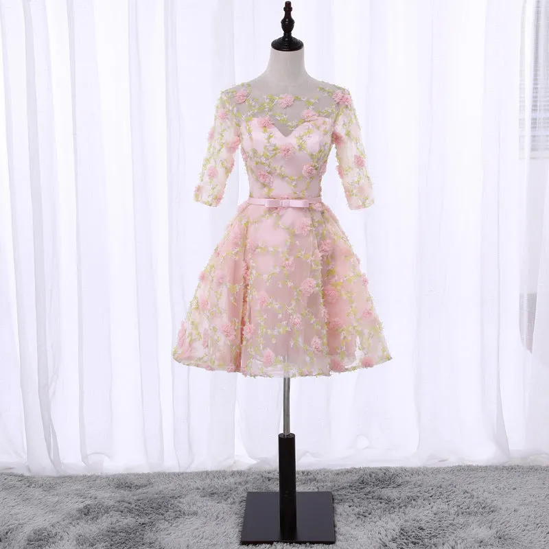 Cute Flowers Short Tulle Pink Party Dress, 3D Flowers Short Homecoming Dress