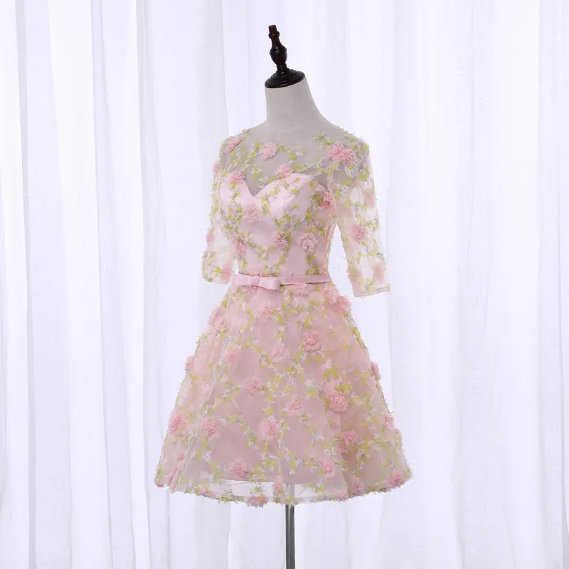 Cute Flowers Short Tulle Pink Party Dress, 3D Flowers Short Homecoming Dress