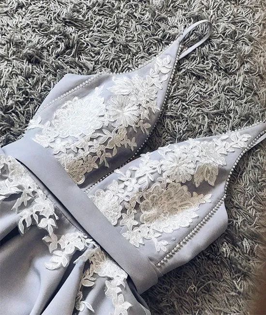 Cute gray v neck lace applique short prom dress