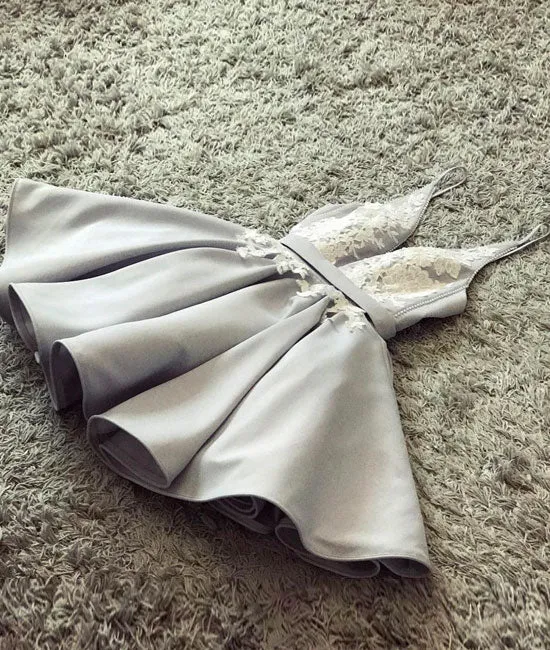 Cute gray v neck lace applique short prom dress
