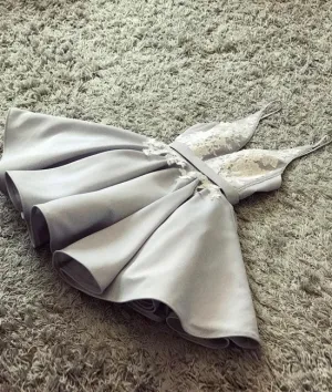 Cute gray v neck lace applique short prom dress