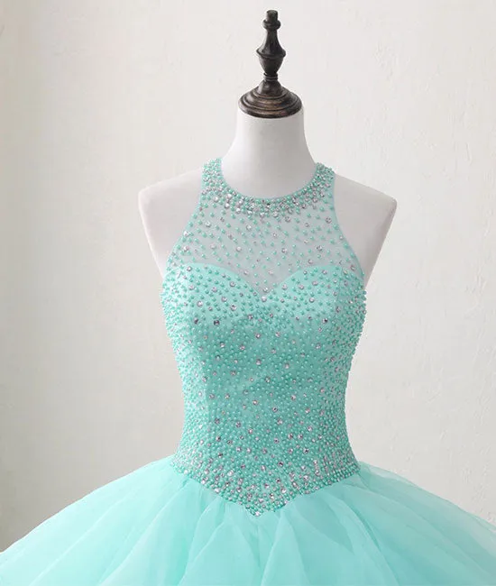Cute green round neck tulle beads long prom dress, sweet 16 dress