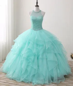 Cute green round neck tulle beads long prom dress, sweet 16 dress