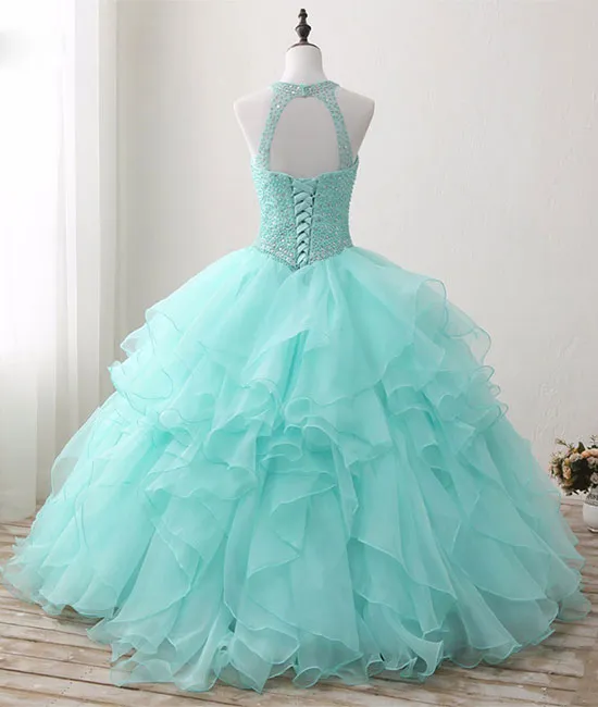 Cute green round neck tulle beads long prom dress, sweet 16 dress