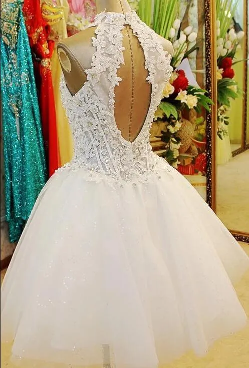 Cute Halter White  Lace Flower Short Tulle Party Dress, White Formal Dresses