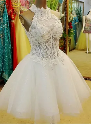 Cute Halter White  Lace Flower Short Tulle Party Dress, White Formal Dresses