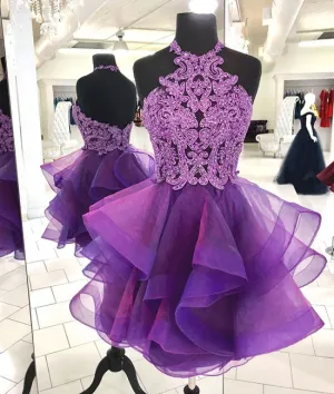 Cute purple tulle lace short prom dress, purple homecoming dress