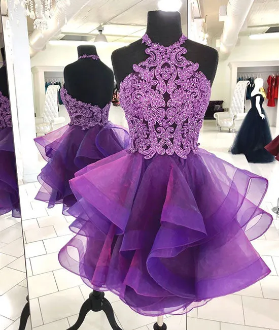 Cute purple tulle lace short prom dress, purple homecoming dress